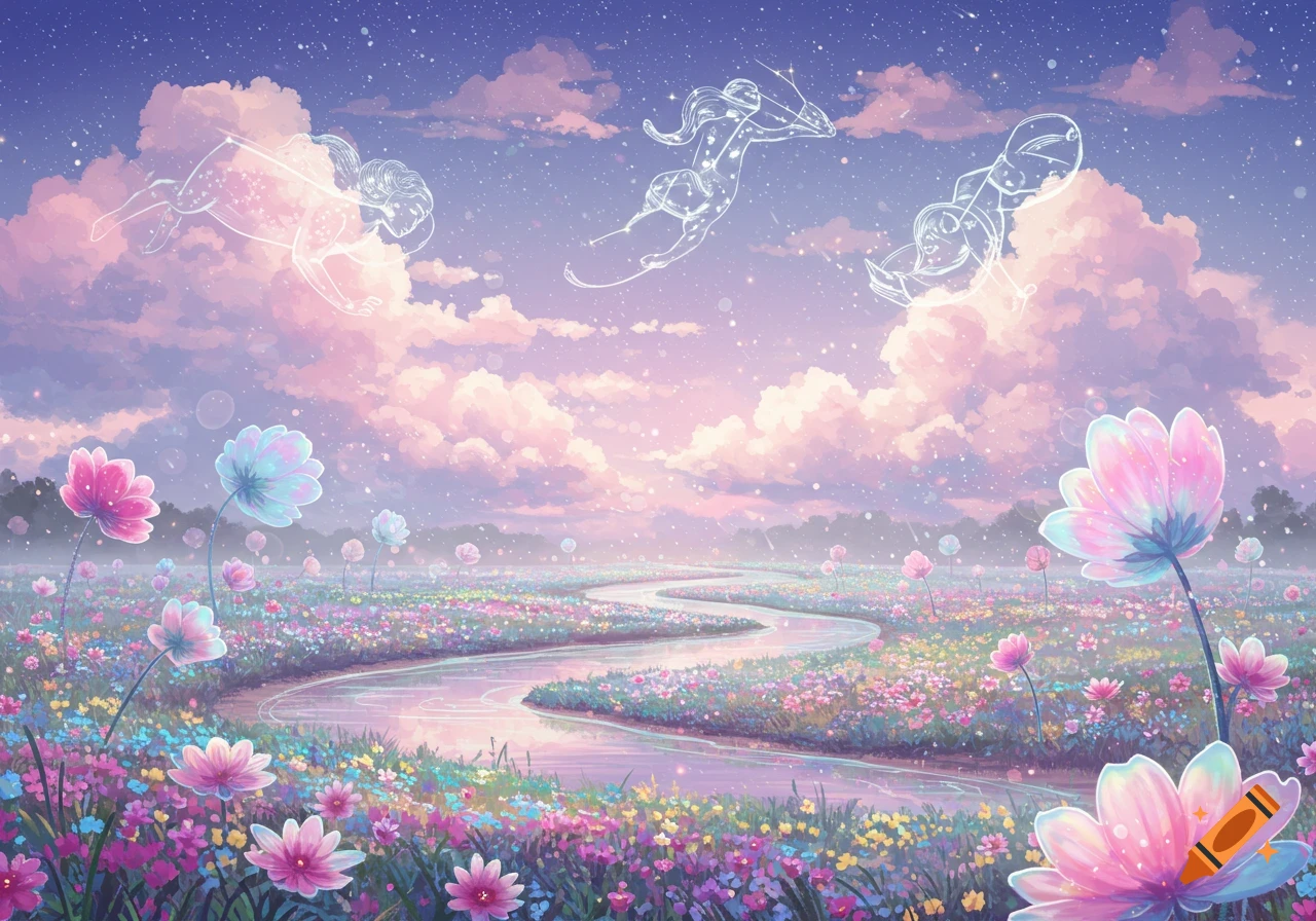 A whimsical landscape with a winding river, colorful flowers, and glowing celestial figures under a starry pink and purple sky.