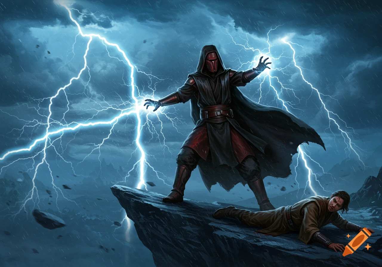Darth Revan unleashes blue lightning on a fallen Jedi in a stormy, dark mountain landscape.