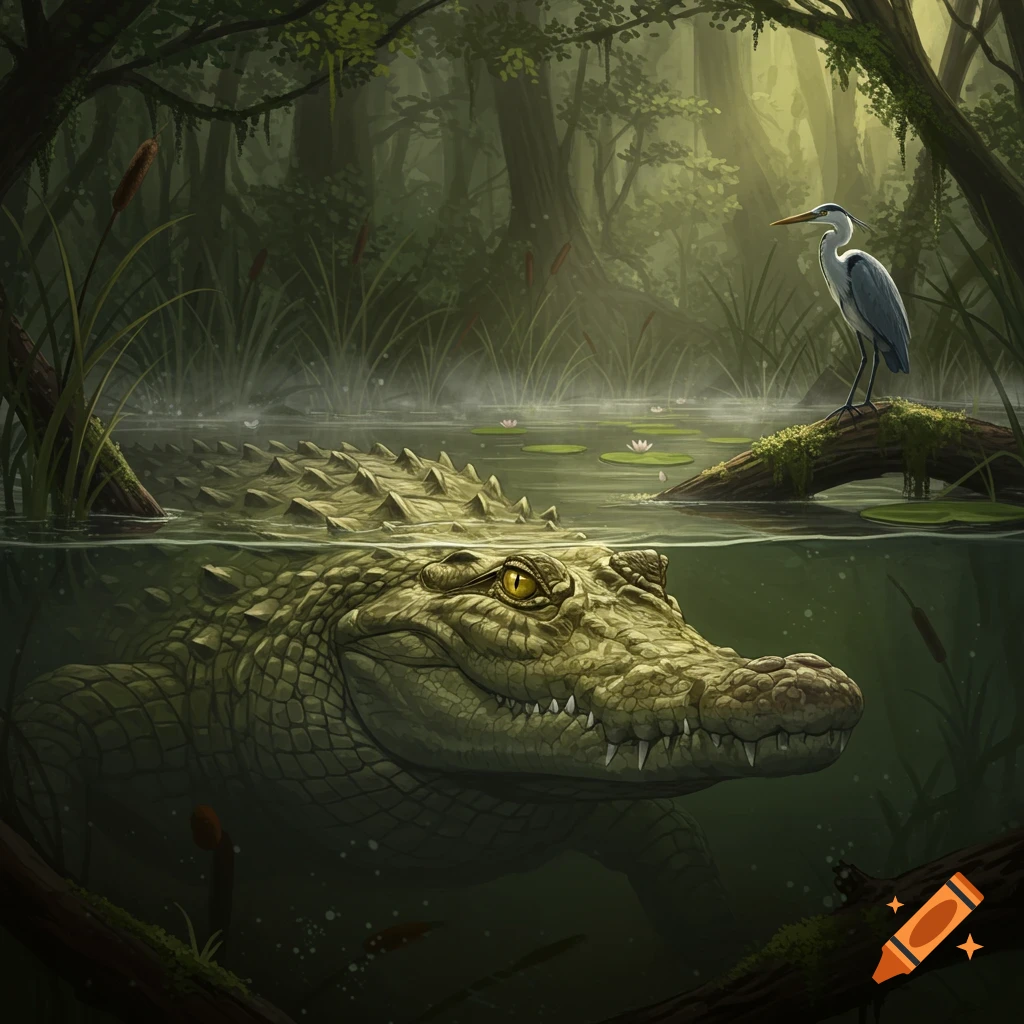 A large crocodile lurks mostly submerged in murky swamp water, watching a heron perched on a mossy log in a misty, lush forest.