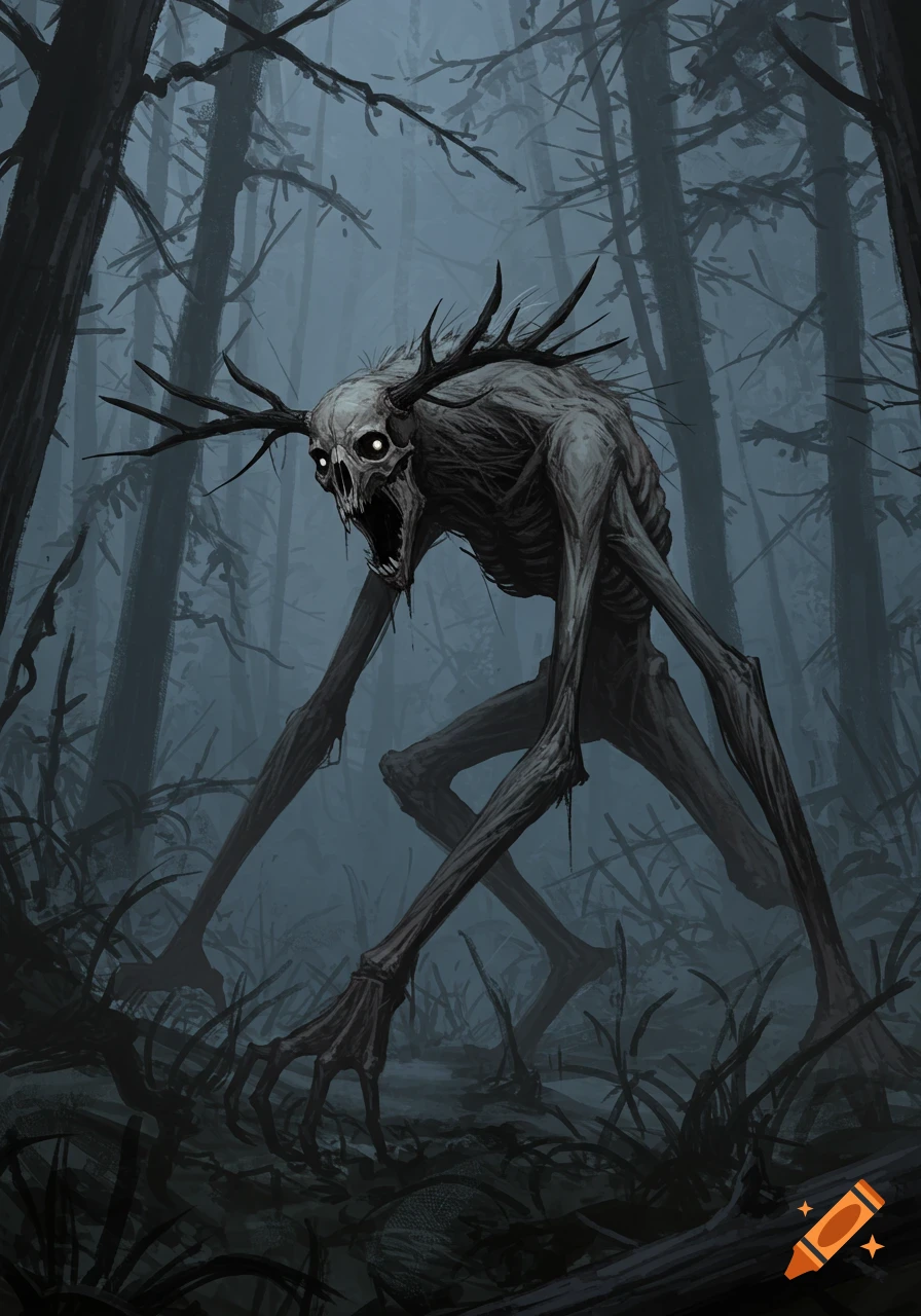 A skeletal, deer-horned monster with glowing eyes and an open mouth screams in a dark, misty forest, rendered in a sketchy style.