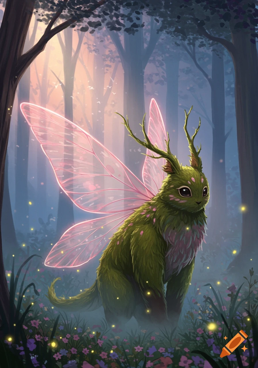 A whimsical green creature with pink fairy wings and small antlers sits in a mystical forest with glowing fireflies and dappled light.