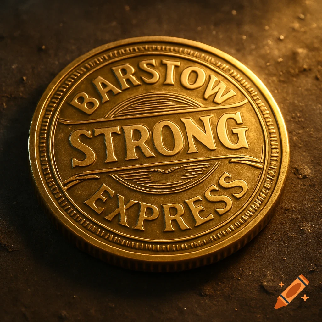 A close-up of a gold coin with 'BARSTOW STRONG EXPRESS' engraved on its face, resting on a dark surface.