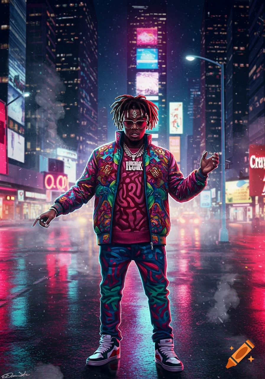 A stylized character with dreadlocks and sunglasses stands in a vibrant, neon-lit city street at night, wearing a colorful, patterned outfit.