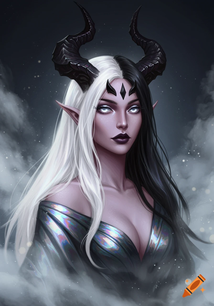A portrait of a demon woman with white and black split hair, black horns, elf ears, glowing white eyes, and a shimmering dress.