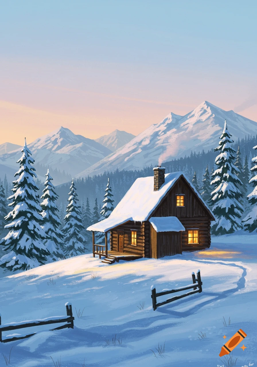 A snow-covered log cabin nestled among pine trees, with snow-capped mountains under a soft pastel sky.