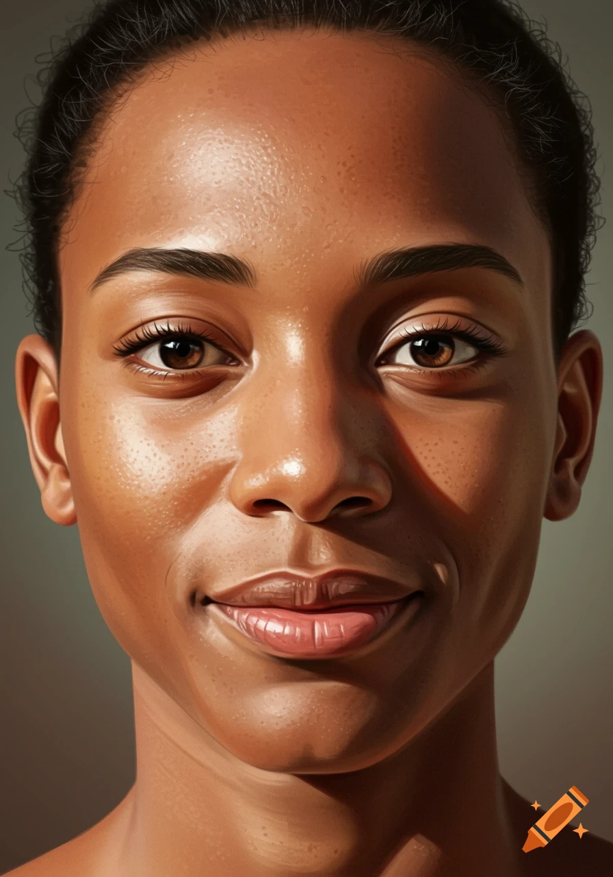 Close-up photorealistic portrait of a person's face with brown eyes and dark skin.
