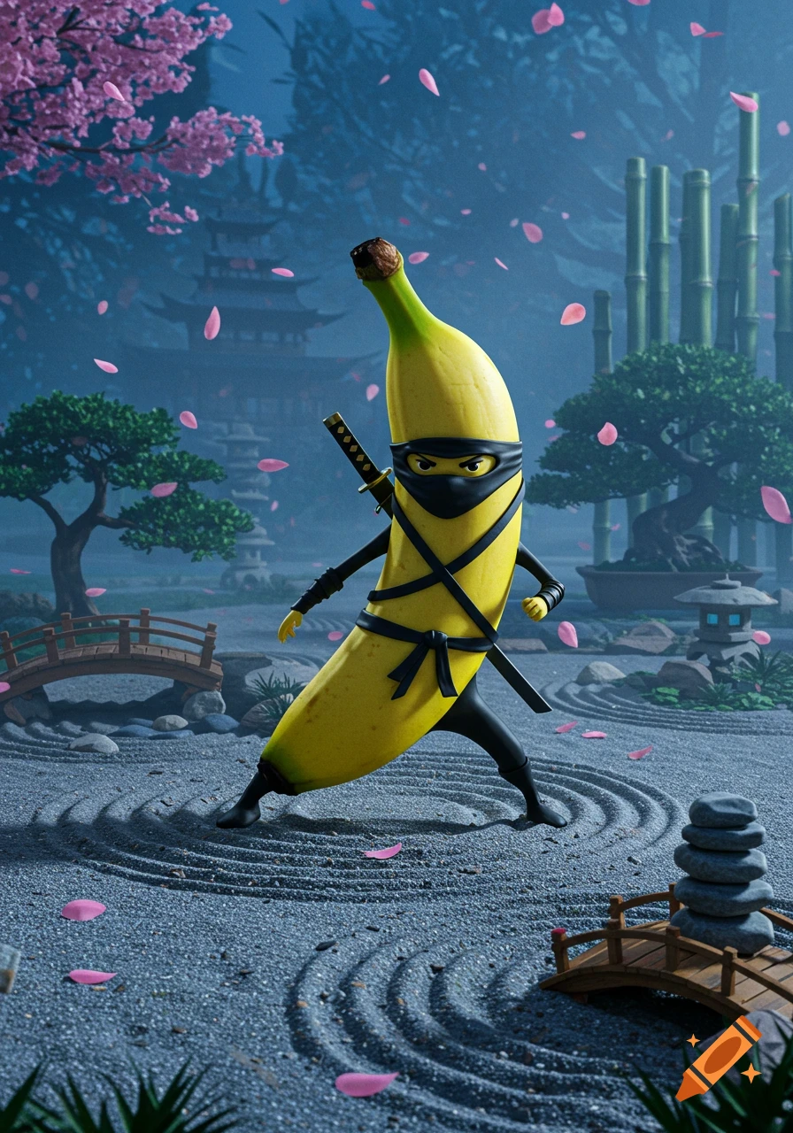 A banana dressed as a ninja with a sword stands in a detailed Japanese rock garden with cherry blossoms, bamboo, and a temple in the background.