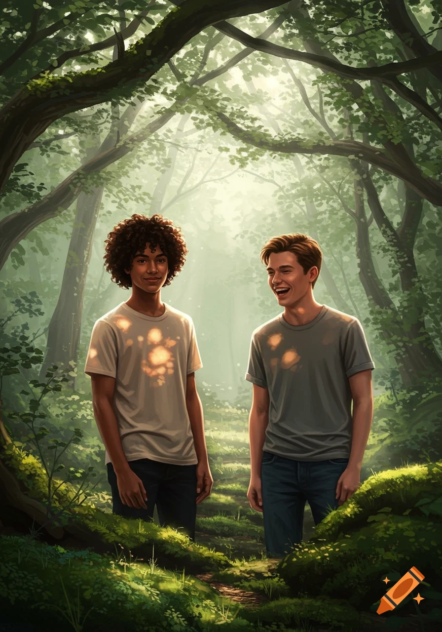 Two young men stand on a sunlit forest path.