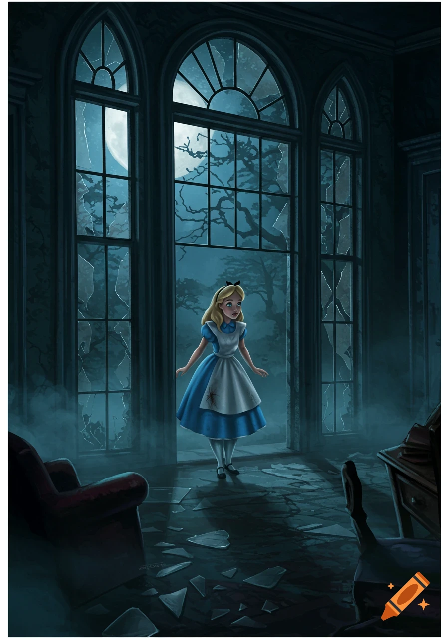 Alice in a dark, abandoned room with broken windows, moonlight revealing bare trees, digital illustration.