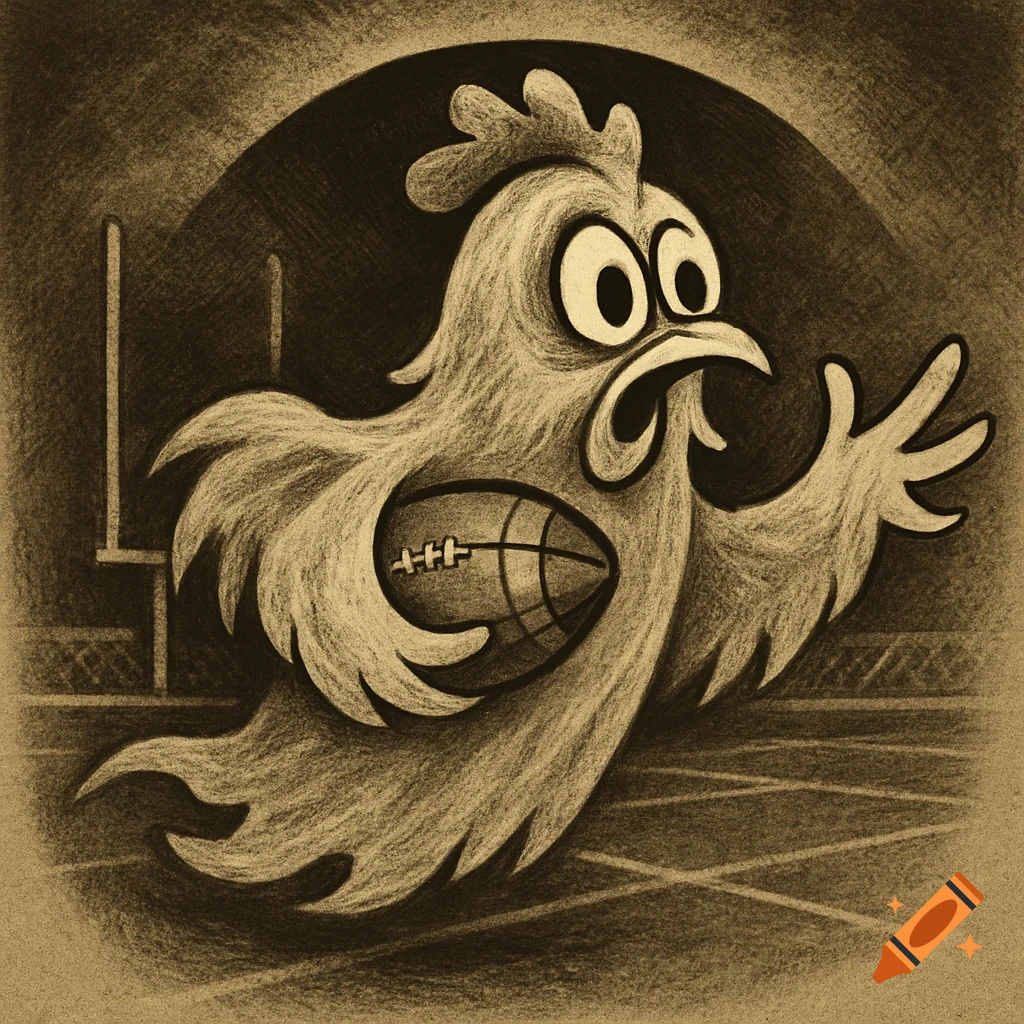 Sepia-toned cartoon of a chicken ghost running on a football field, clutching an American football.
