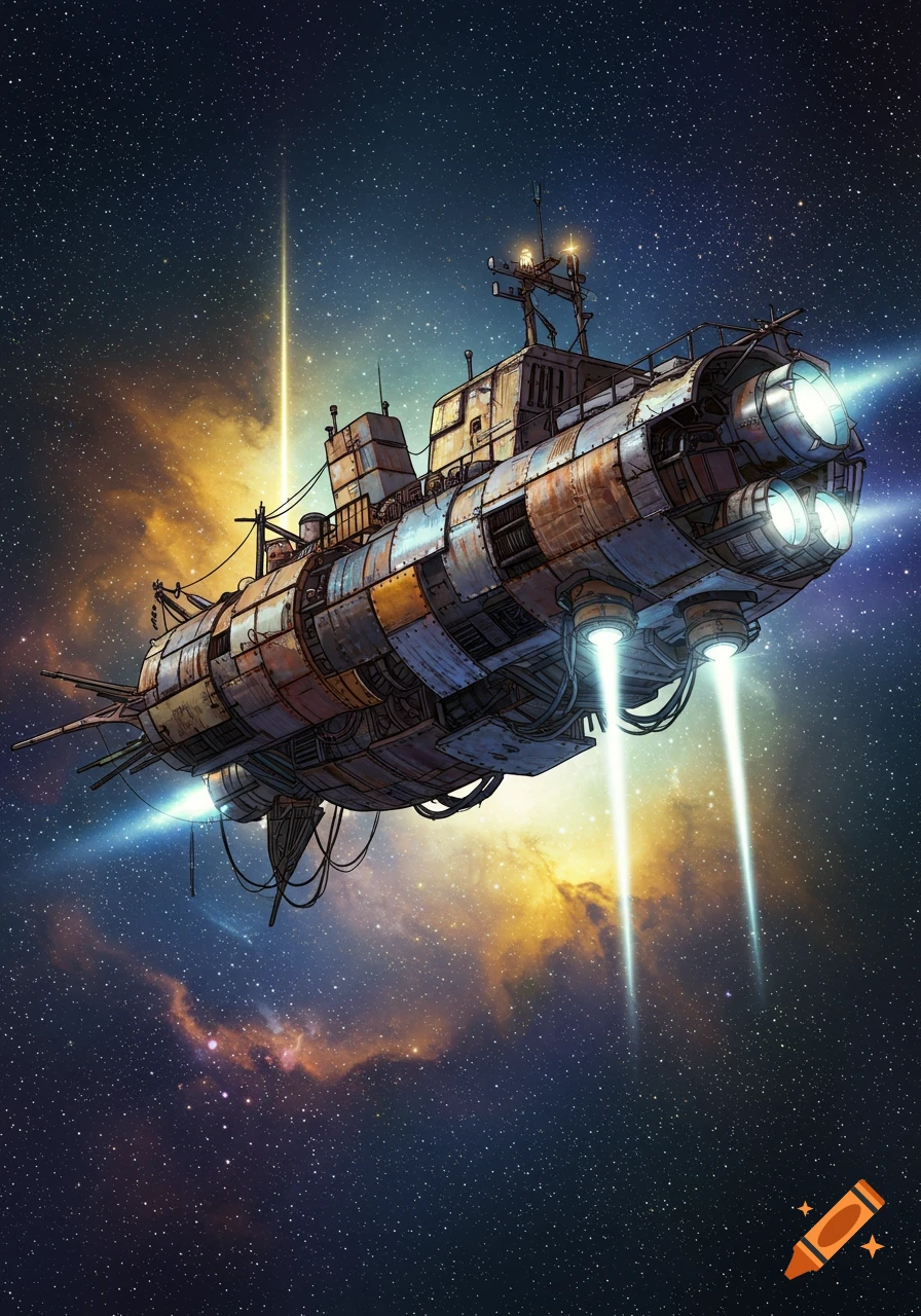 A detailed, rusty, junkyard-scrap-built spaceship with glowing engines flies through a star-filled galaxy with colorful nebulas.