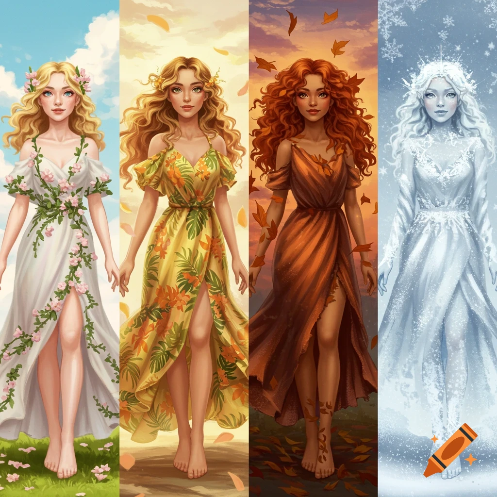 Four ethereal women embodying the seasons: Spring in a white floral dress, Summer in yellow tropical, Autumn in orange with leaves, Winter in icy white.