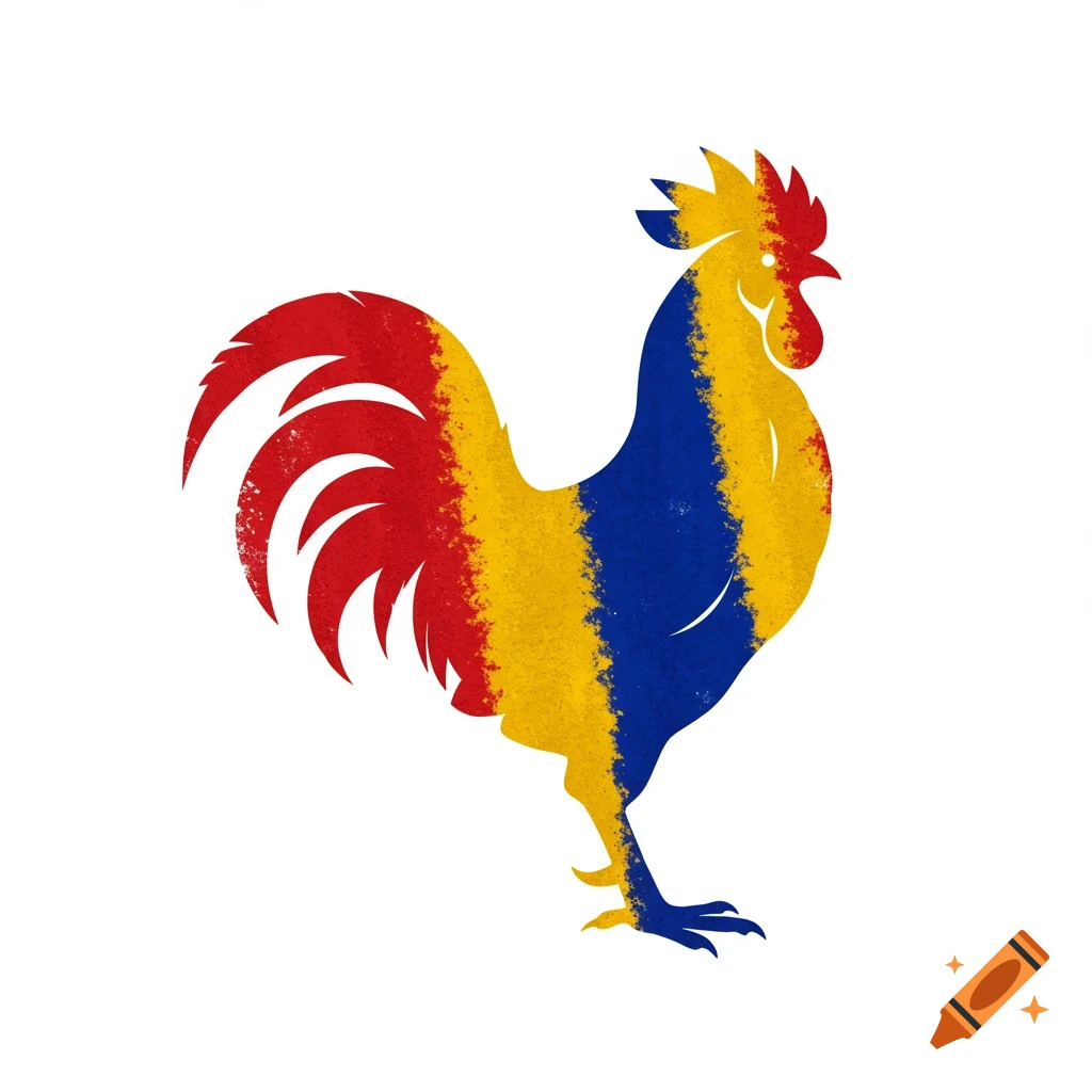 A stylized rooster facing right, composed of vertical stripes in red, yellow, and blue, on a white background.