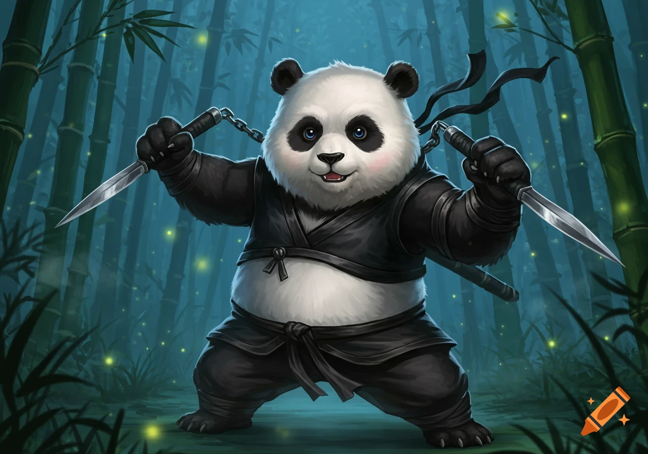 A cute ninja panda holding two bladed nunchaku in a bamboo forest.