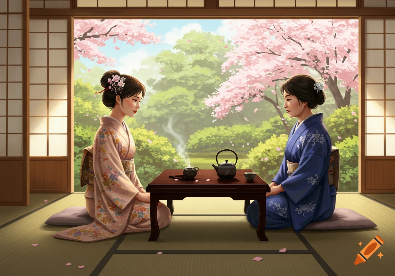 Two women in kimonos share tea in a traditional Japanese room overlooking a cherry blossom garden.