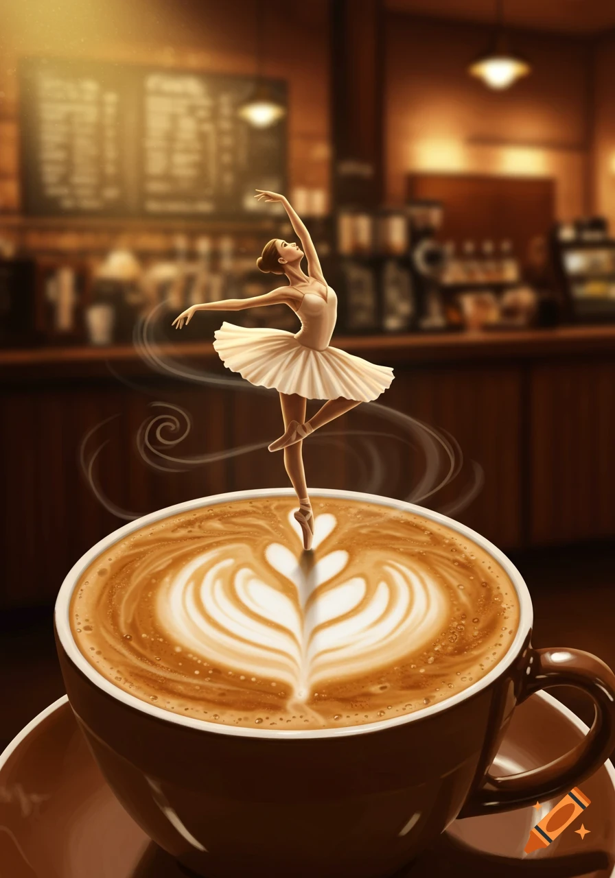 A ballerina dances en pointe on a latte with heart-shaped foam art in a cozy coffee shop setting.