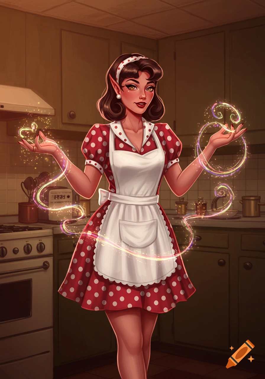 A pretty daemon housewife in a 60s pin-up red polka dot dress and apron conjuring magic in a kitchen.