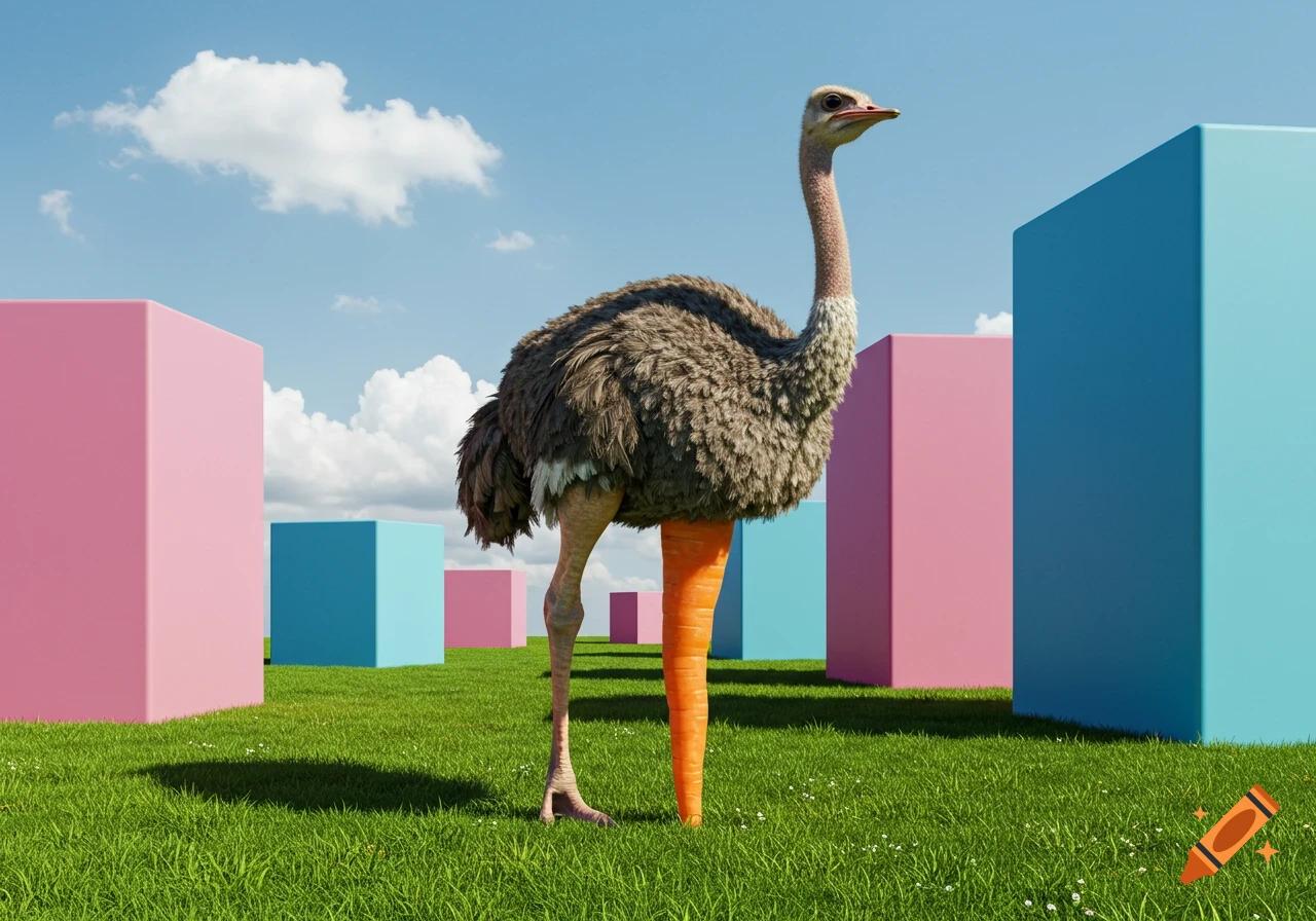 A photorealistic ostrich with one carrot leg stands on green grass with pink and blue geometric blocks under a blue sky.