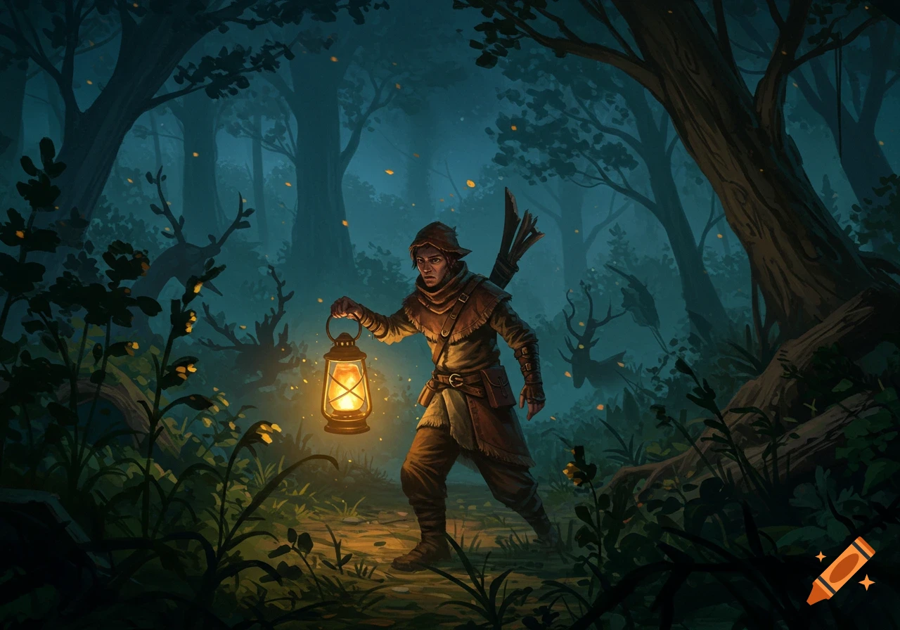 A hunter holding a glowing lantern walks through a dark, mystical forest with deer in the background. Digital illustration.