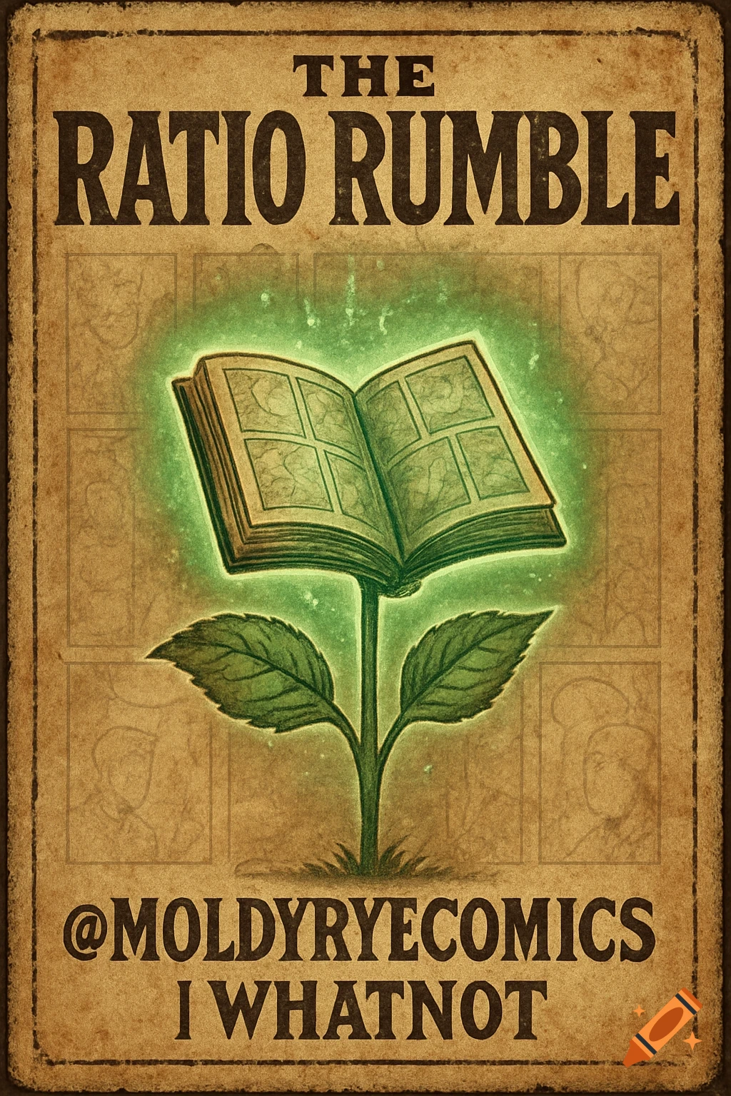 A vintage, weathered poster with an open comic book growing from a plant stem, glowing green. Text: 'THE RATIO RUMBLE' and '@MOLDYRYECOMICS I WHATNOT'.