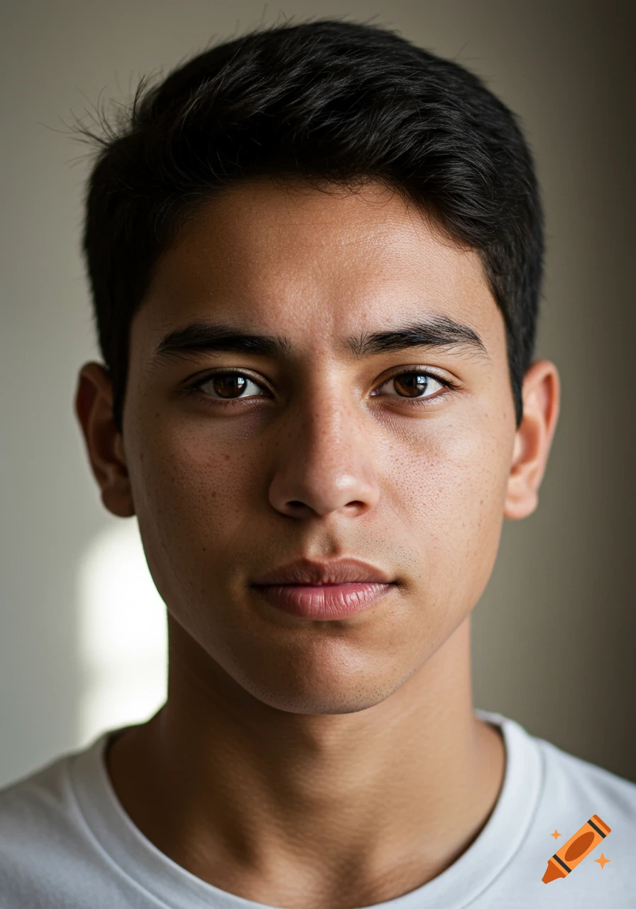 A photorealistic close-up portrait of a young man with dark hair and brown eyes looking straight ahead.