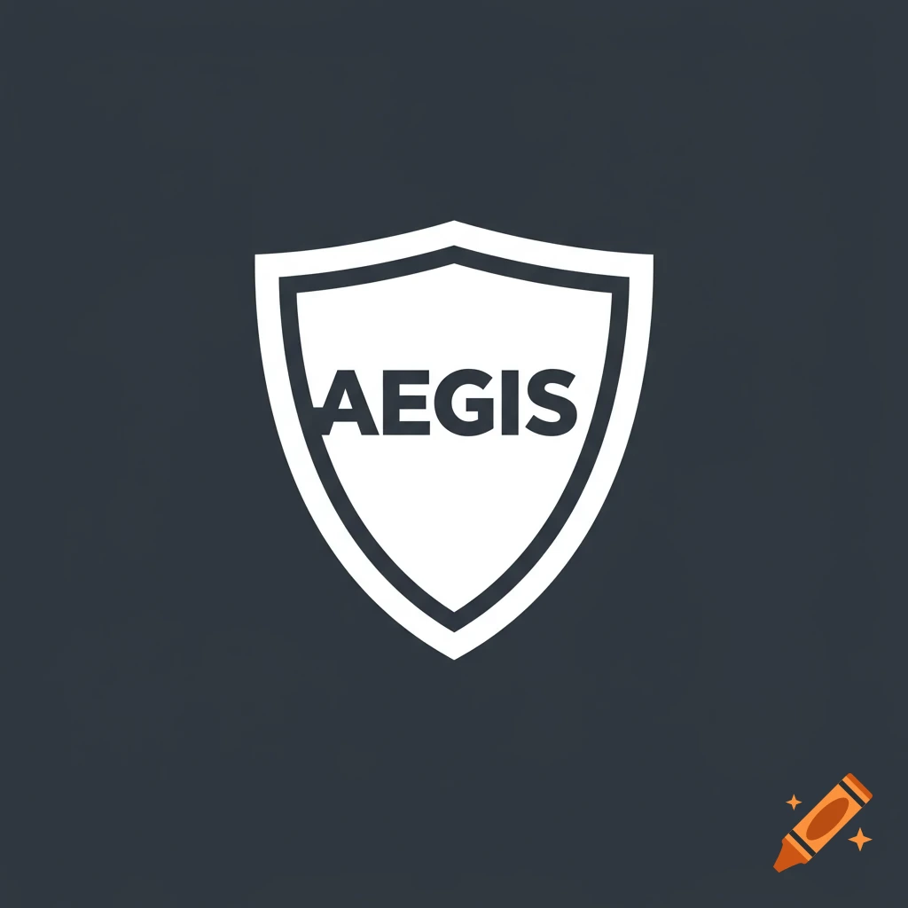 A white shield with the word AEGIS in black, on a dark gray background.