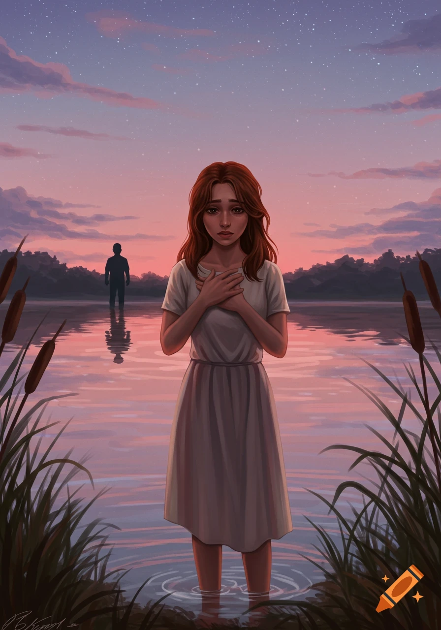 A sad-looking woman stands in a lake at sunset, holding her hands to her chest. A man's silhouette is visible in the water behind her.