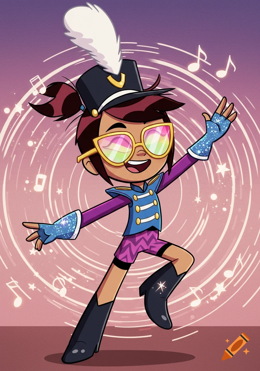 A cheerful cartoon character in a vibrant purple and blue marching band uniform with a shako and sunglasses, striking a pose amidst musical notes.