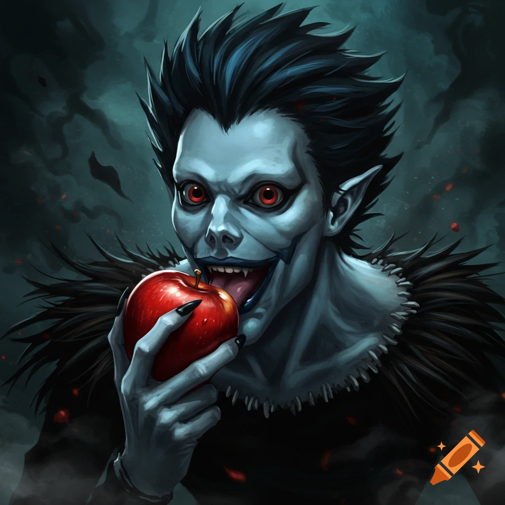 Pale blue-skinned creature with red eyes and spiky hair licking a red apple with a sinister grin in a dark fantasy style.