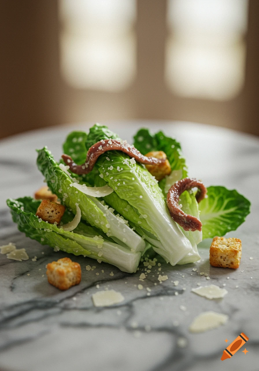 A tiny Caesar salad with romaine, croutons, parmesan, and anchovies on a marble surface, photorealistic.