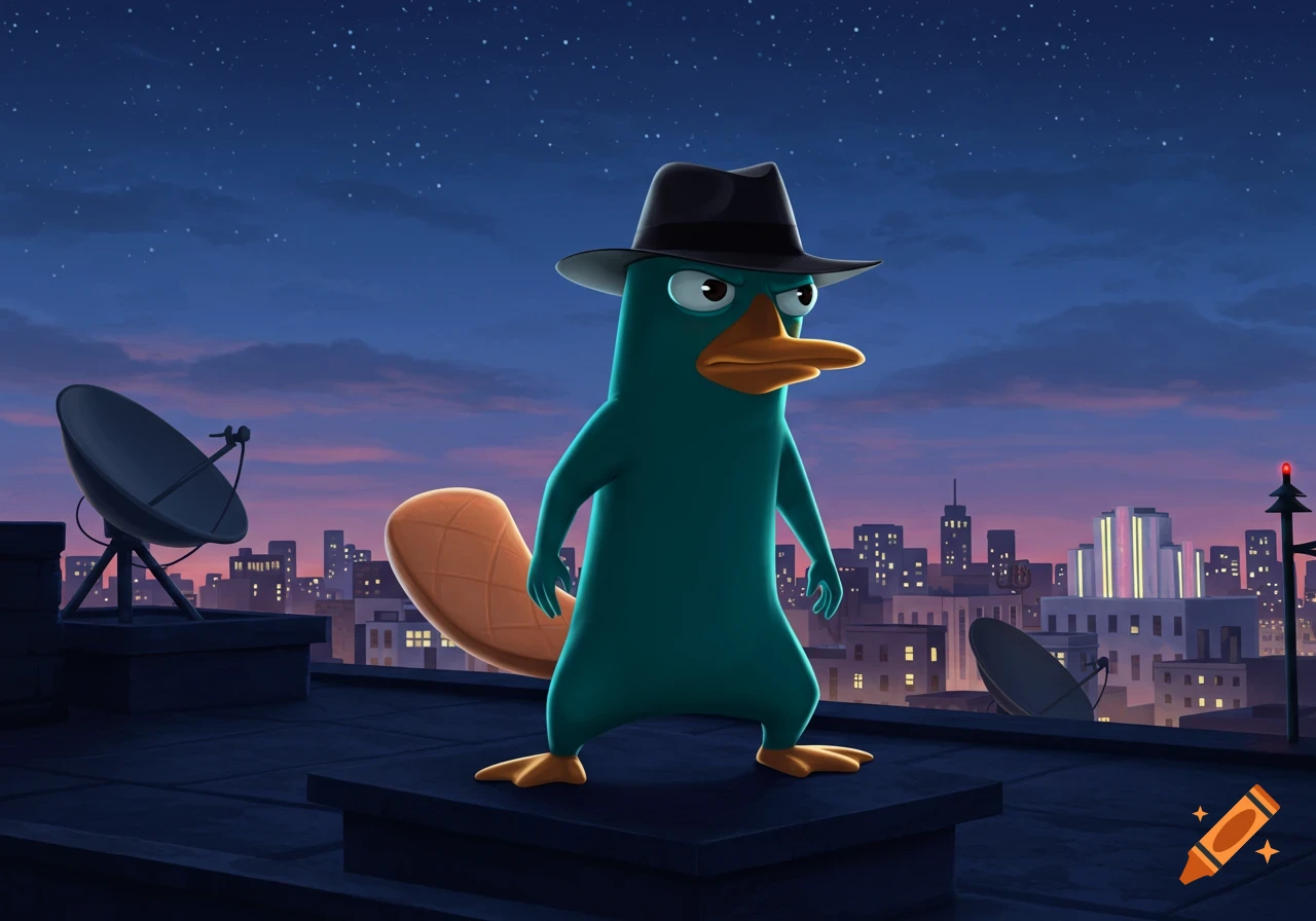 Perry the Platypus, a teal platypus wearing a fedora, stands on a city rooftop at dusk with a skyline behind him.
