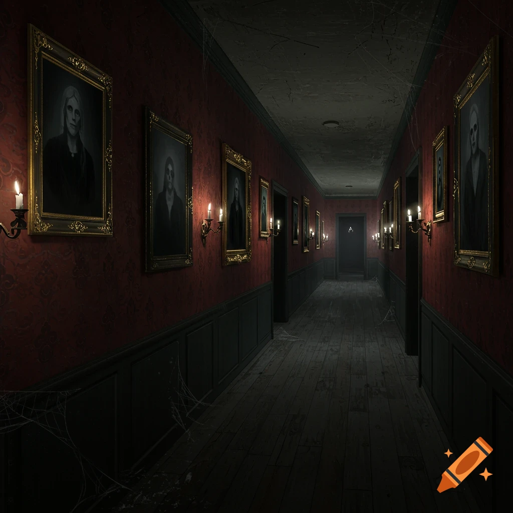 A long, dark, creepy hallway in a gothic mansion, lined with eerie portraits and lit by flickering candelabras. Cobwebs cling to the walls and floor.