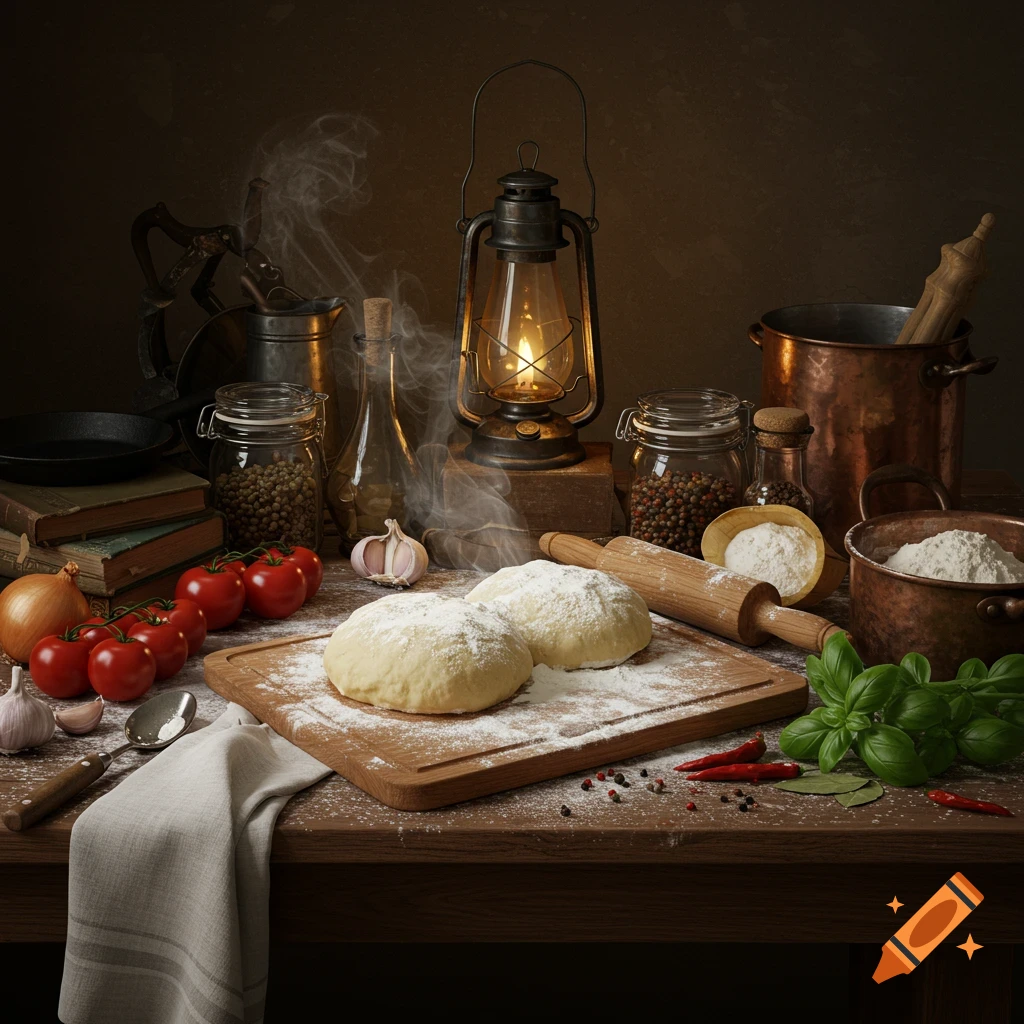 A dark, photorealistic still life of cooking ingredients on a wooden table, including dough, tomatoes, spices, a lantern, and copper pots.