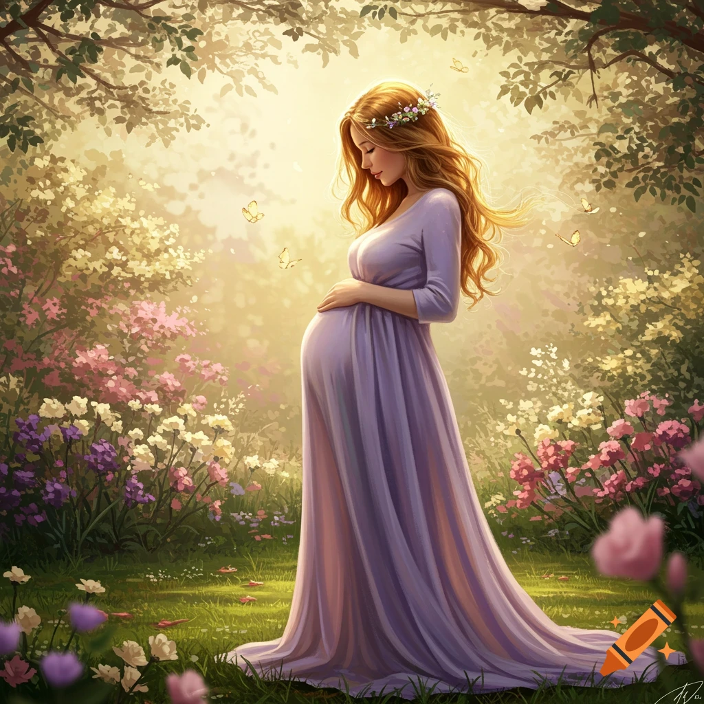 A pregnant woman with long flowing hair and a floral crown stands in a vibrant, sunlit garden, gently cradling her belly.