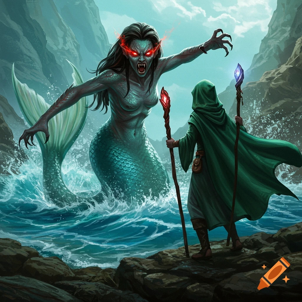 A vicious mermaid with red eyes and fangs leaps from rocky waters at a hooded green sorceress pointing a staff in a fantasy illustration.