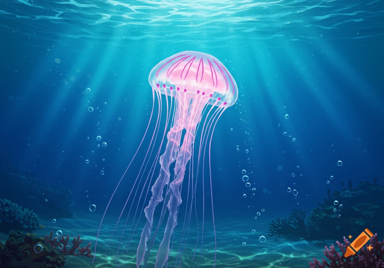 A vibrant pink jellyfish floats in clear blue water with sun rays beaming down, coral on the seabed.