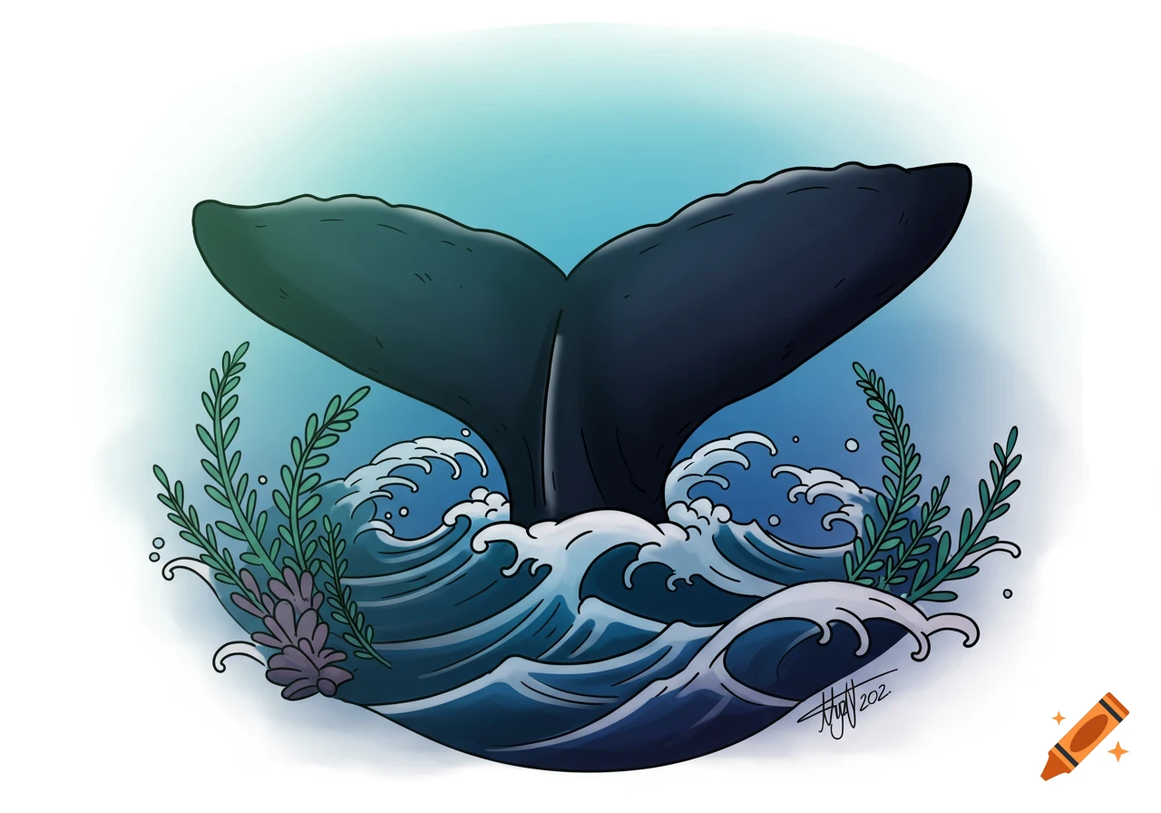 A dark whale tail dives into blue water, surrounded by white waves and green seaweed, in an illustrated tattoo style.