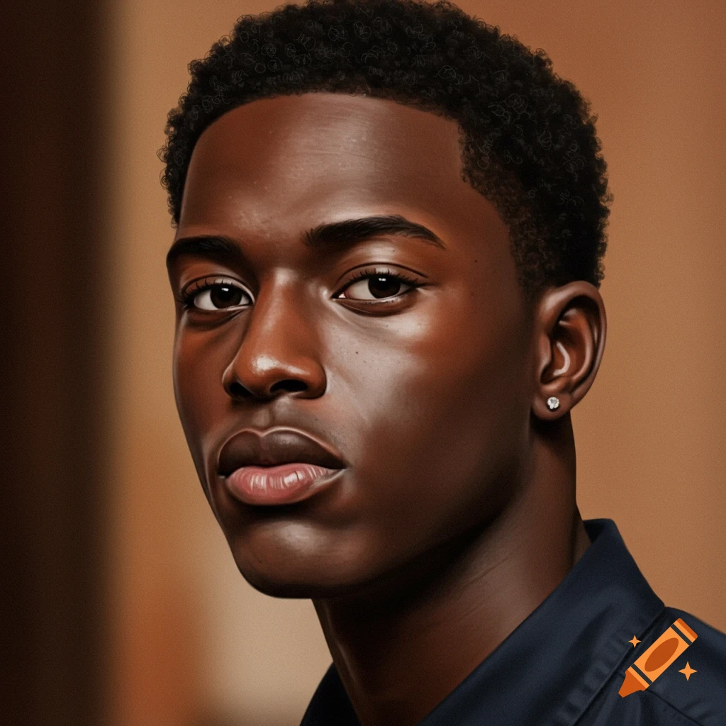 A photorealistic portrait of a young Black man looking forward against a plain background.