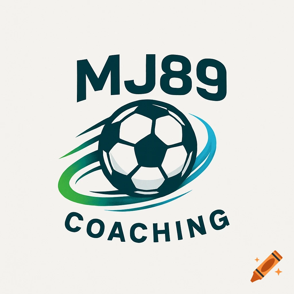 A logo for MJ89 COACHING featuring a stylized soccer ball with green and blue swooshes.