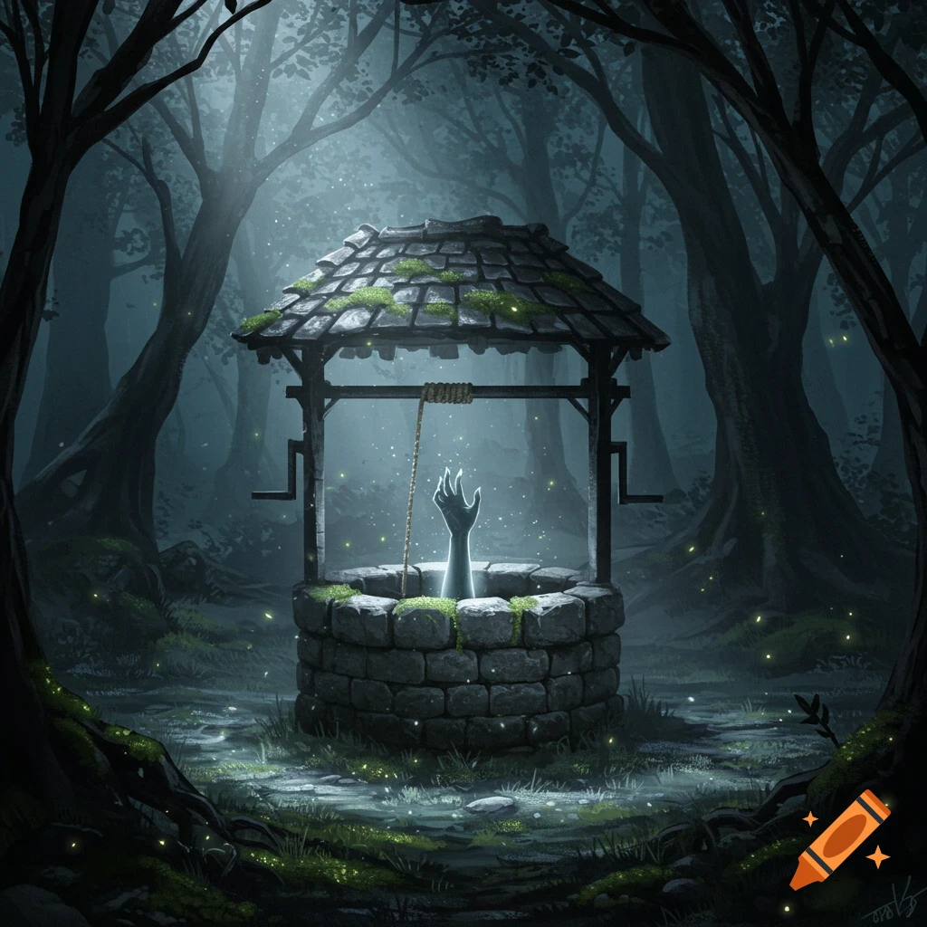 A ghostly hand reaches out from a stone well in a dark, mossy forest lit by glowing fireflies.