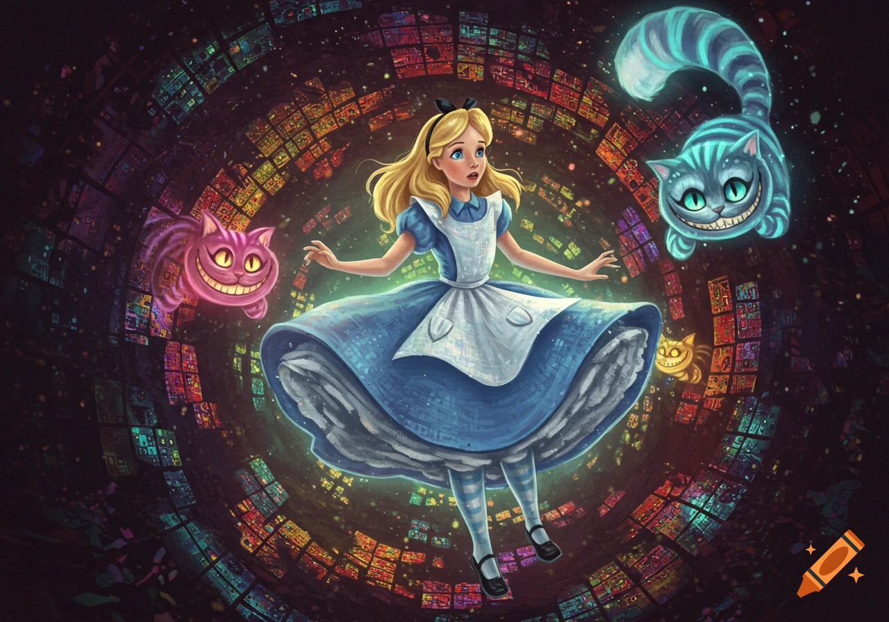 Alice falls down a rabbit hole, surrounded by two Cheshire cats and colorful, abstract glowing squares.