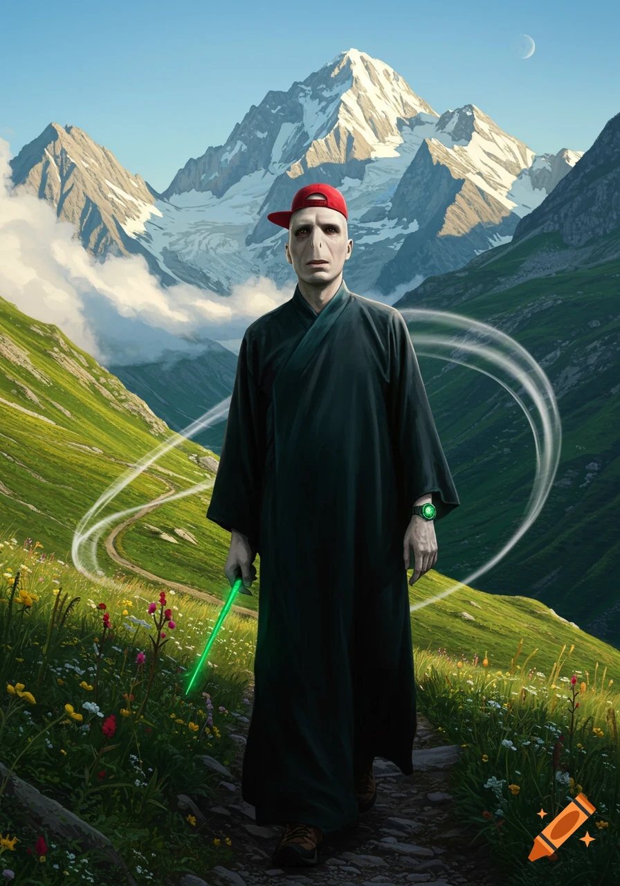 Photorealistic image of Lord Voldemort hiking on a path in a green mountain valley, wearing a black robe, red baseball cap, and green watch, holding a green glowing wand.