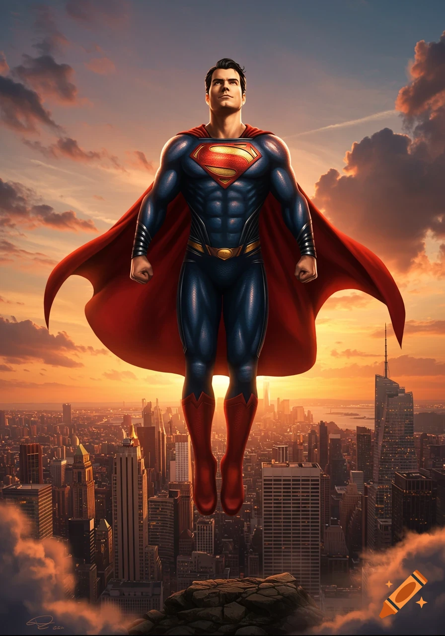 Superman in his iconic suit flying over a detailed city skyline during a vibrant sunset.