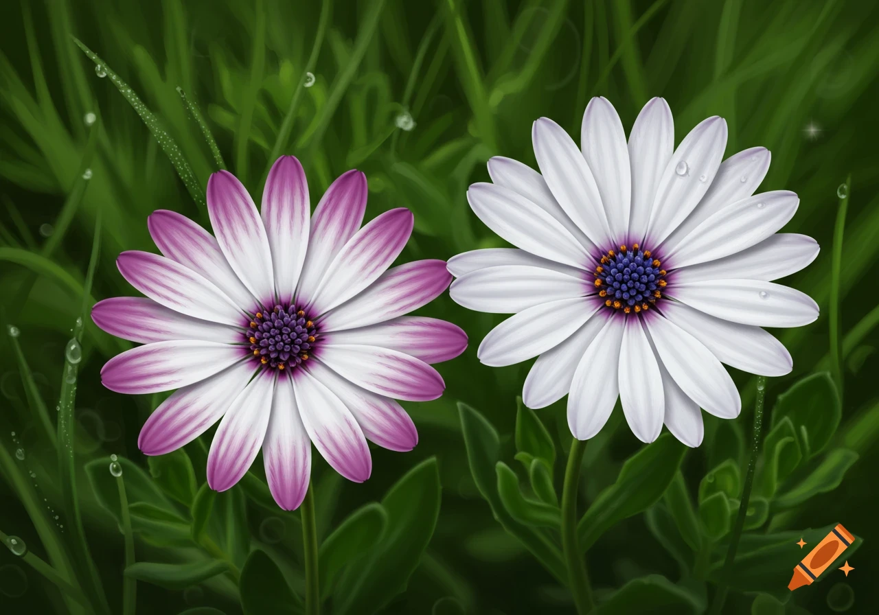 Two daisy-like flowers, one white and purple, one white with a purple center, amidst green foliage with water droplets.