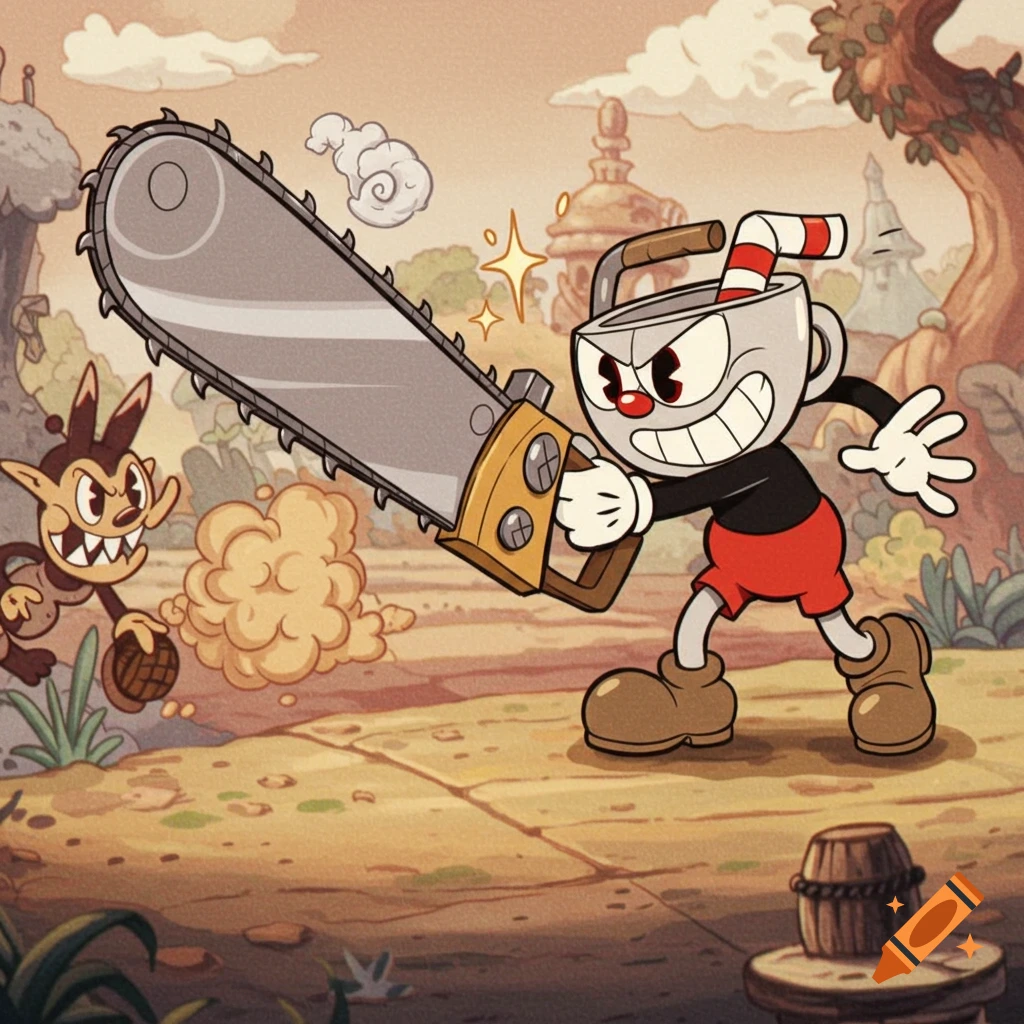 Cuphead, a vintage cartoon character, holds a large chainsaw while facing a small imp-like creature in a whimsical landscape.