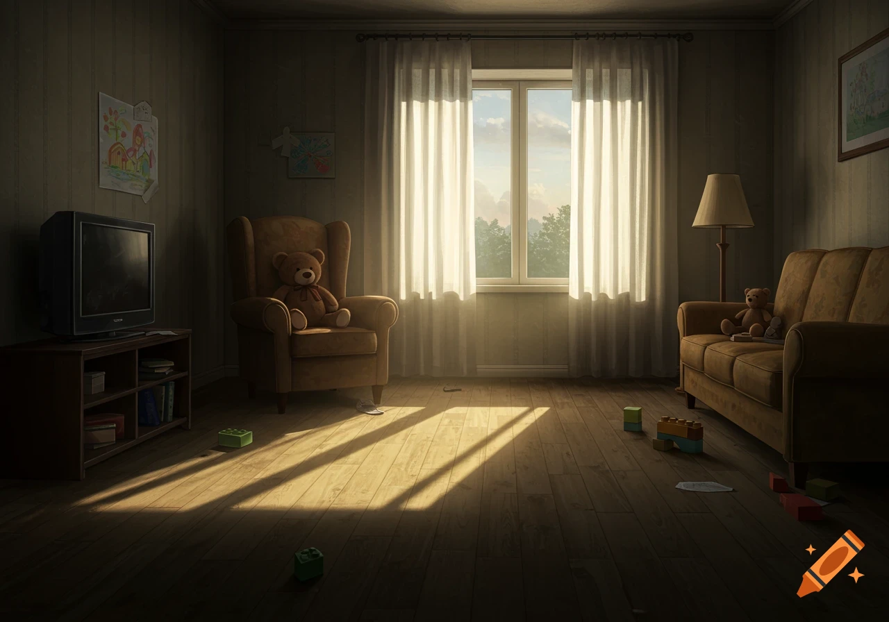 A sunlit, quiet living room with an armchair holding a teddy bear, a sofa, a TV, and scattered toys, evoking a melancholic atmosphere.