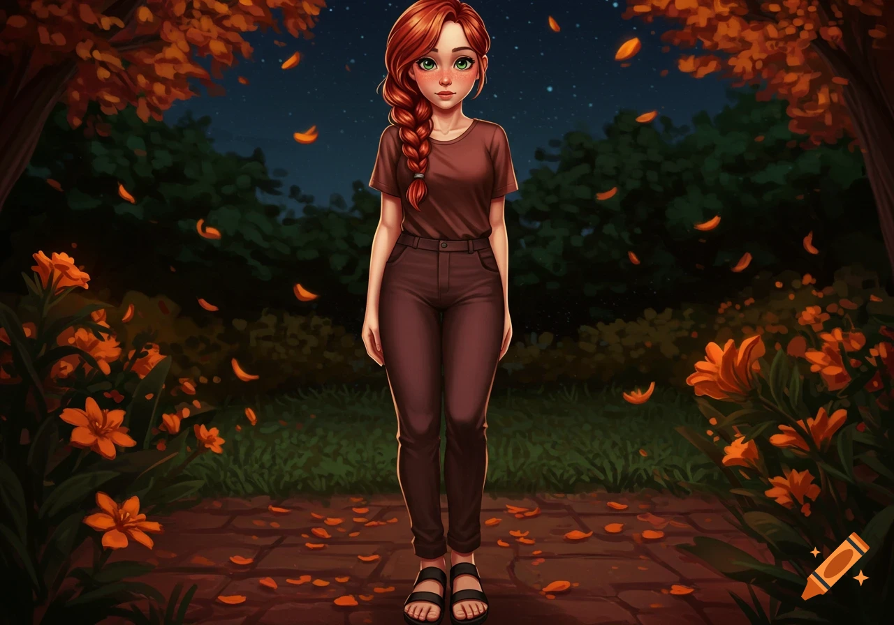 Stylized illustration of a red-haired girl with a braid standing on a path amidst autumn leaves and orange flowers at night.