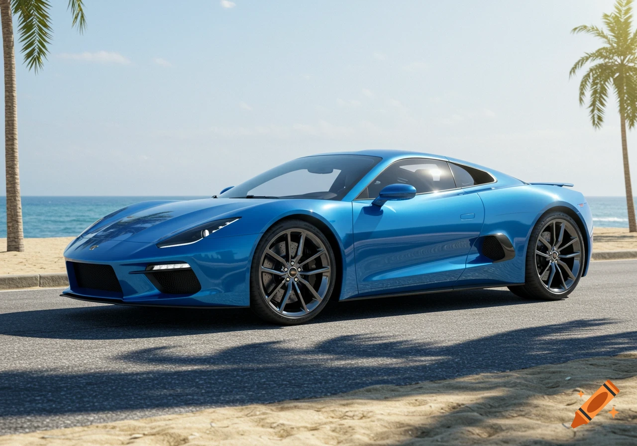 A sleek blue sports car parked on a road next to a sunny beach with palm trees and an ocean.