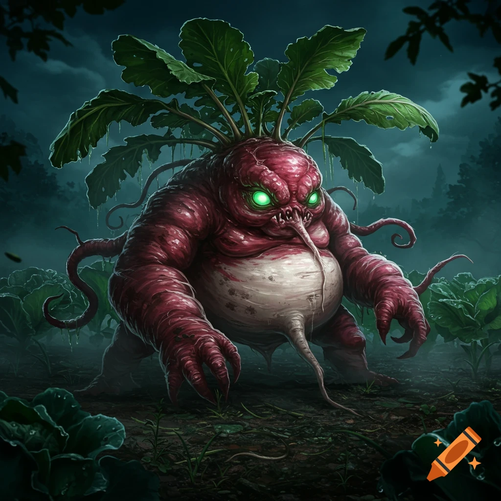 A monstrous radish creature with glowing green eyes and muscular roots for arms stands in a dark, murky field.