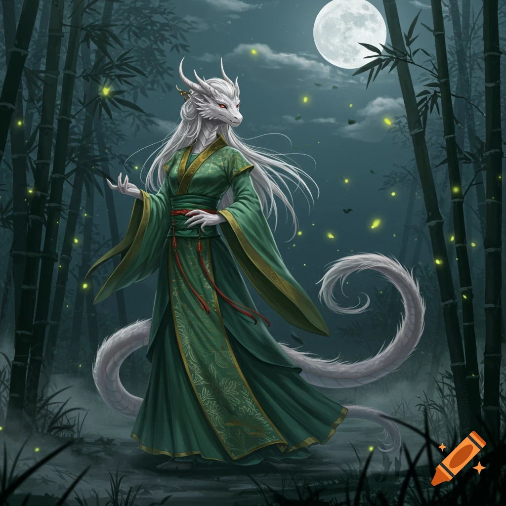 A white dragonborn woman in a green robe stands in a bamboo forest at night under a full moon with fireflies.